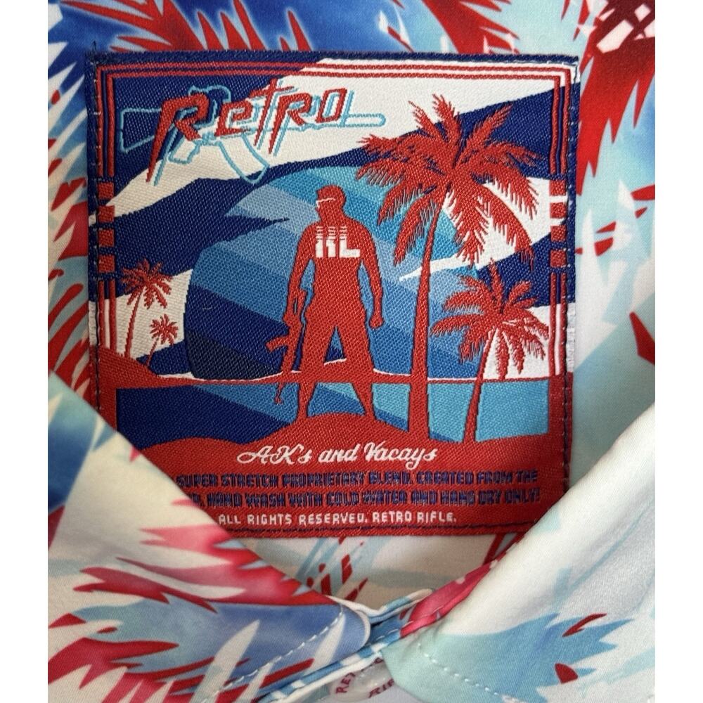Retro Rifle AKs & Vacays Button Up Shirt Mens XL Red White Blue Hawaiian USA - Picture 11 of 11